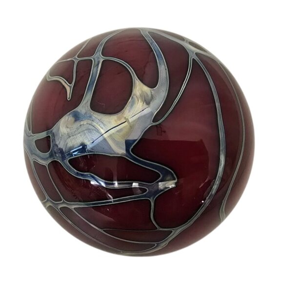 3" Dark Red Paperweight Art Glass Sphere Silver Abstract Signed J Bryon - Picture 6 of 10